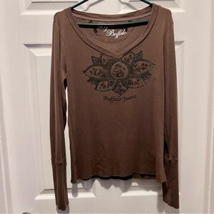 3/25$💥 Y2K Buffalo Jeans top shirt long sleeve  Women Medium Brown v neck